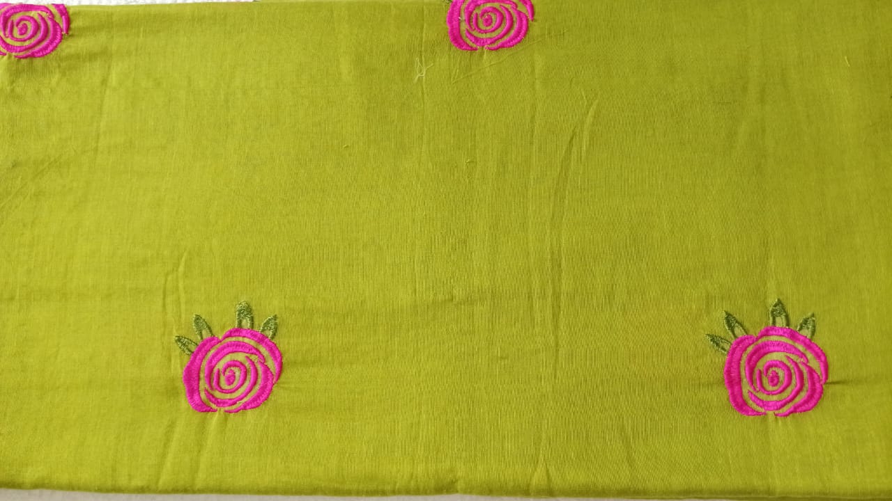 Parrot green rose embroidered mul cotton sari
