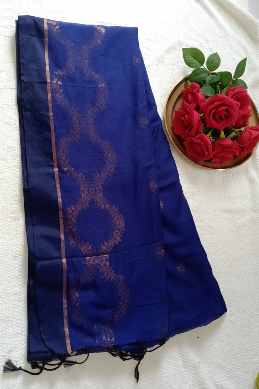 Blue zari work mul cotton saree