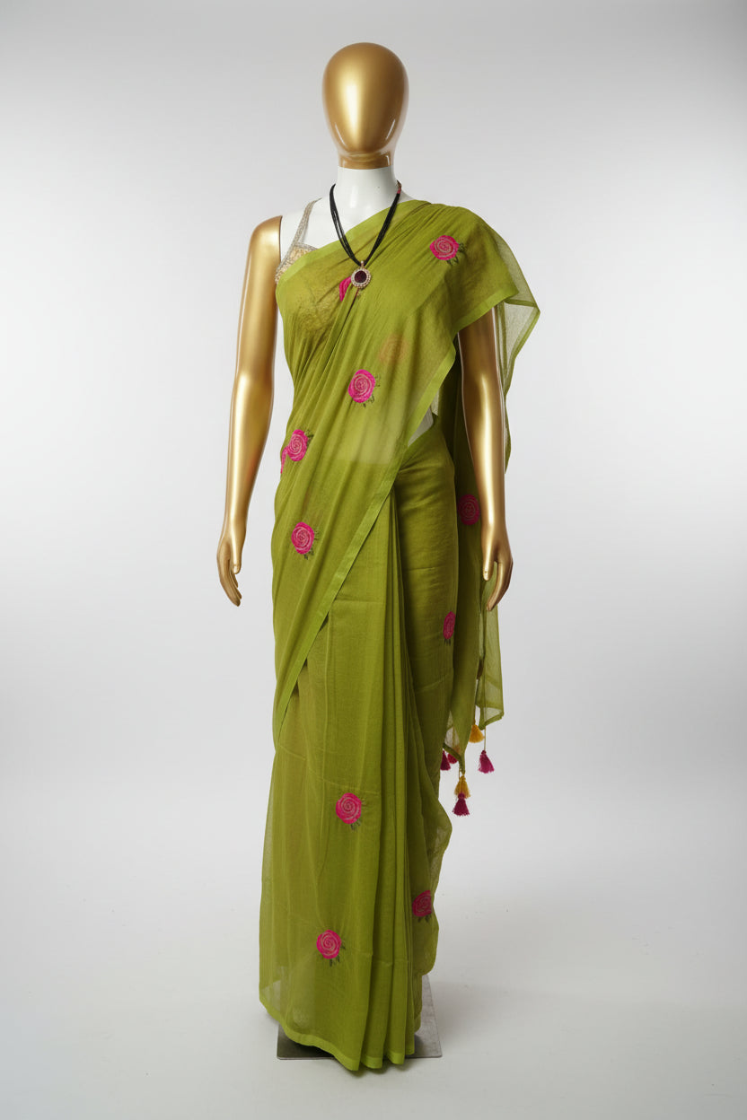 Parrot green rose embroidered mul cotton sari