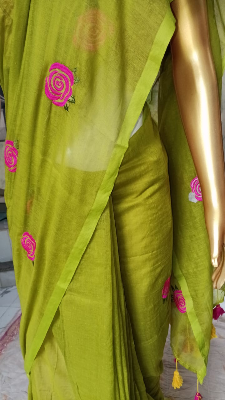 Parrot green rose embroidered mul cotton sari