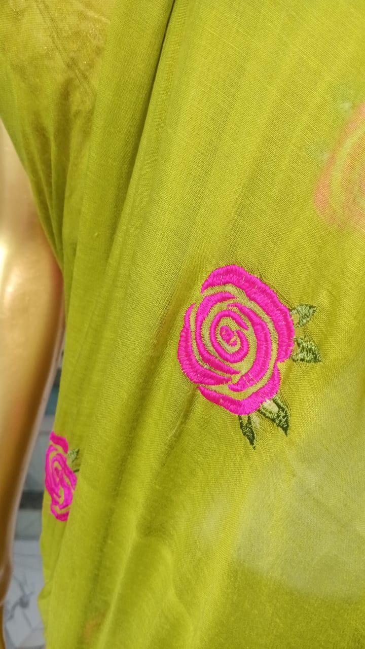 Parrot green rose embroidered mul cotton sari