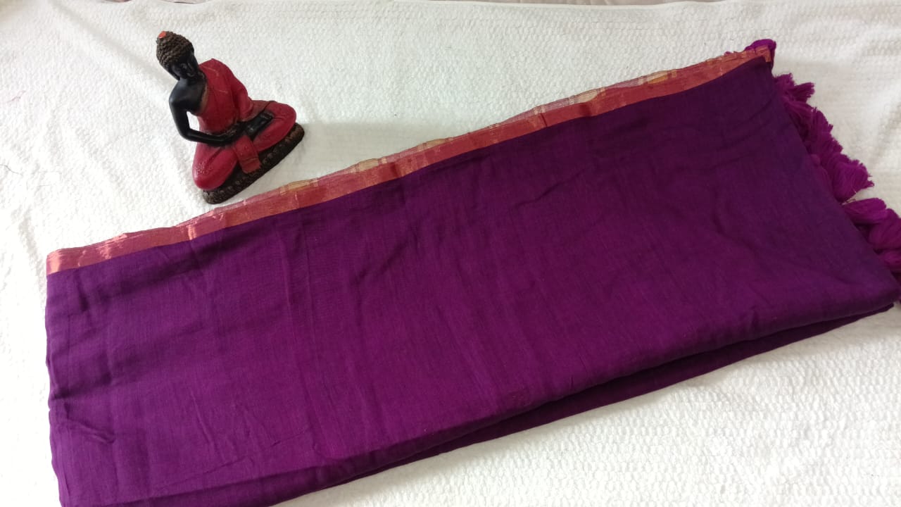 Purple bordered mul cotton saree