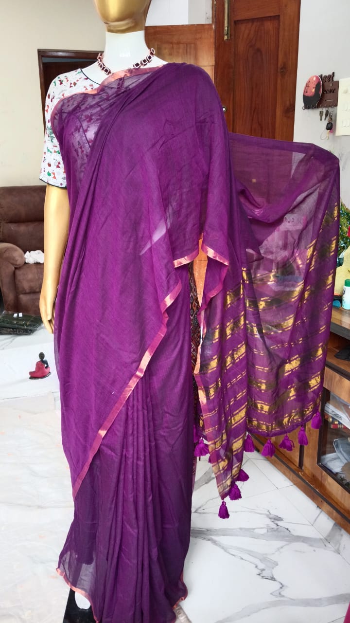Purple bordered mul cotton saree