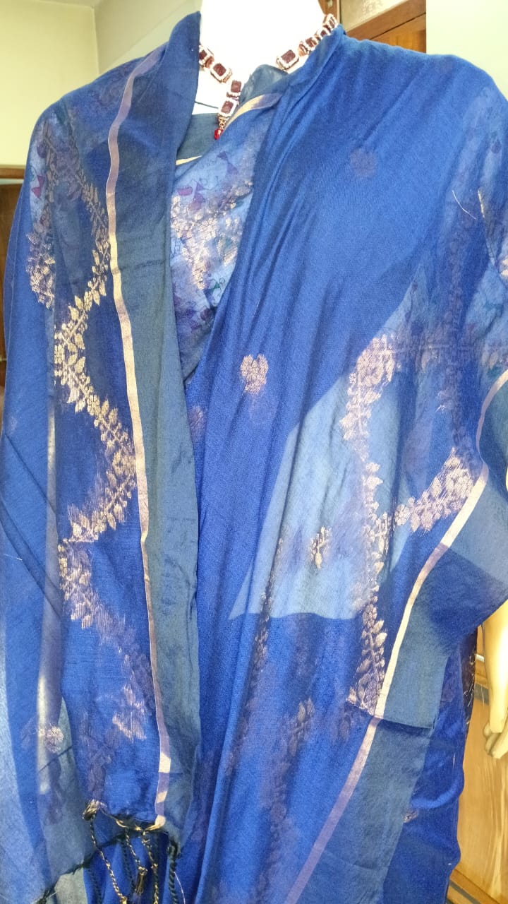 Blue zari work mul cotton saree