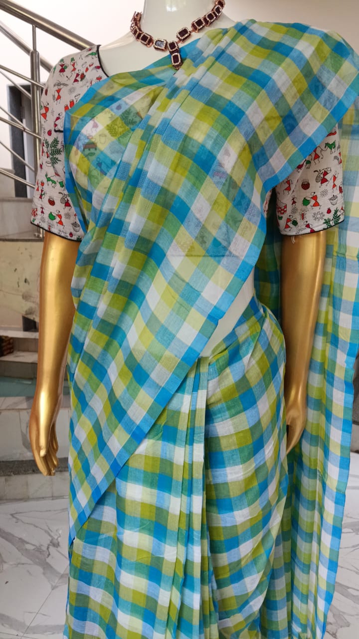 Blue checks mul cotton sari
