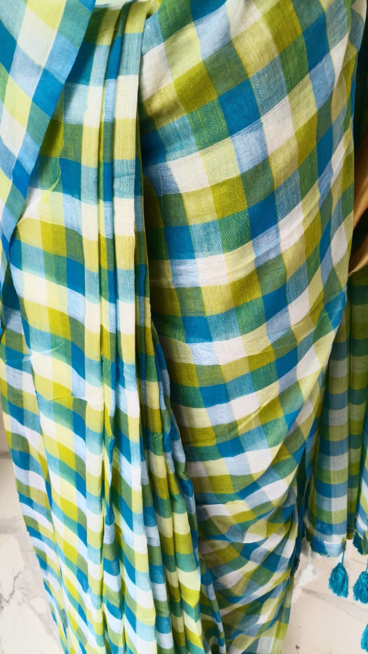 Blue checks mul cotton sari