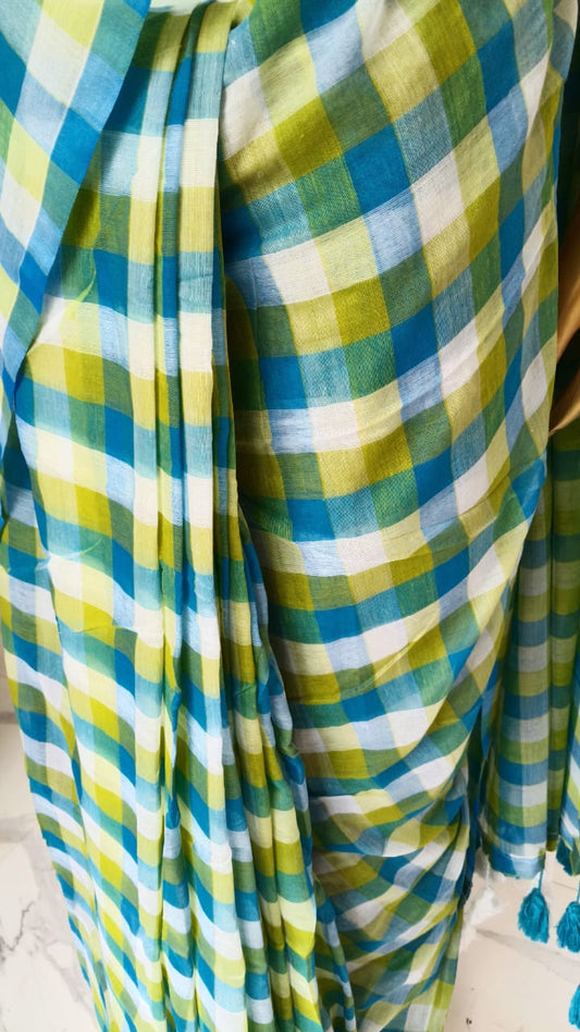 Blue checks mul cotton sari