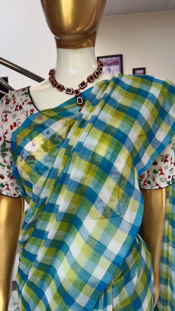 Blue checks mul cotton sari