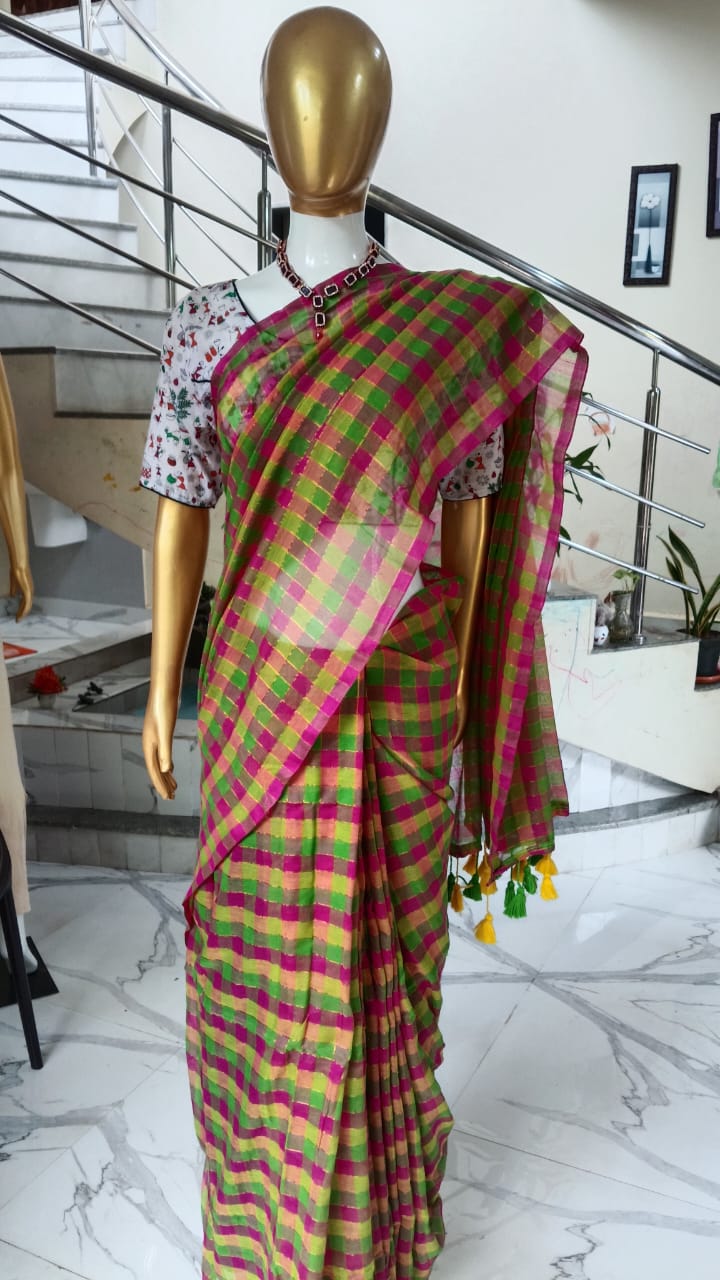 Pink checks mul cotton saree