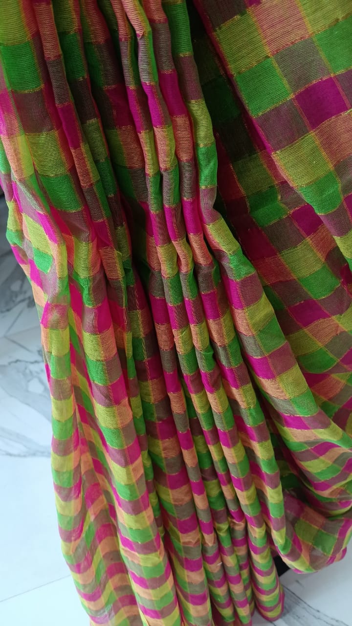 Pink checks mul cotton saree