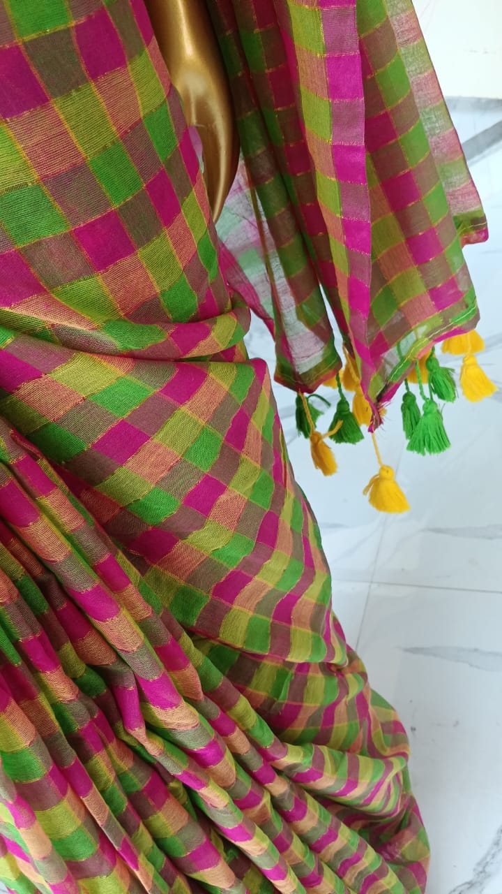 Pink checks mul cotton saree