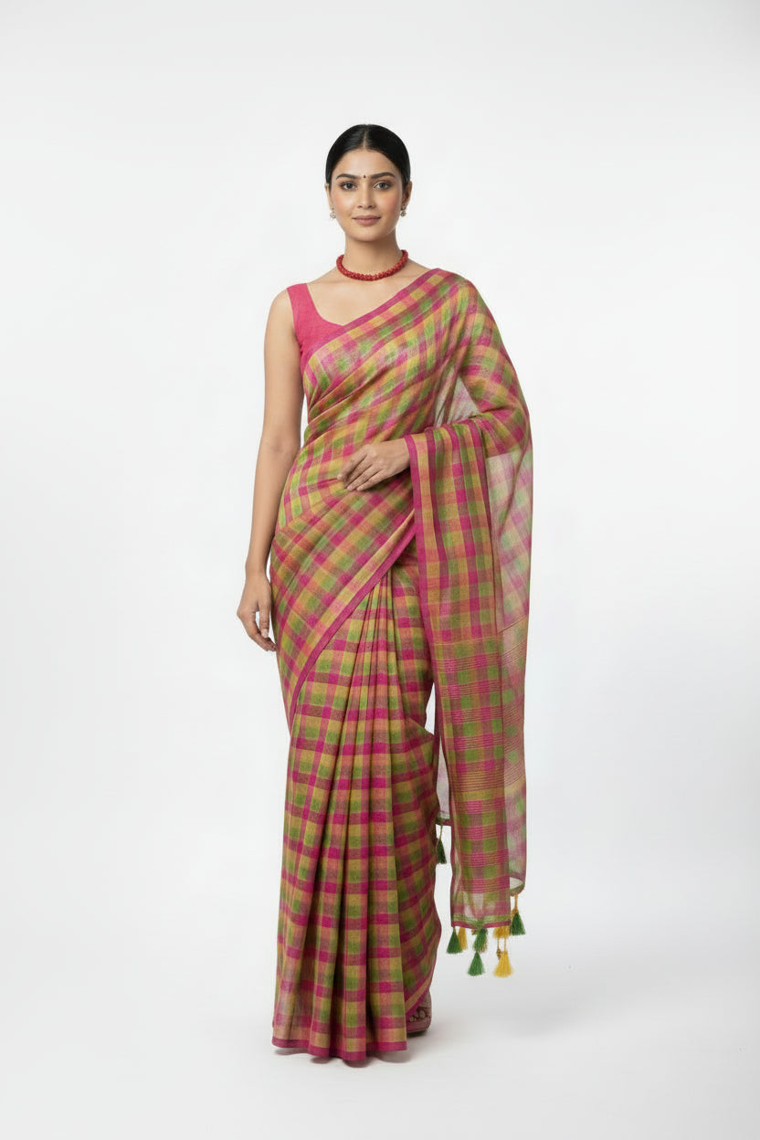 Pink checks mul cotton saree