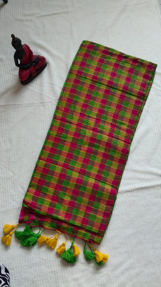 Pink checks mul cotton saree