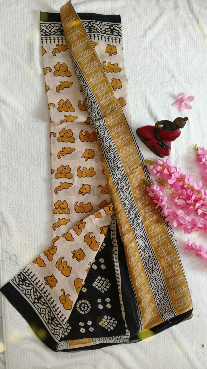 elephant hand block print mul cotton sari