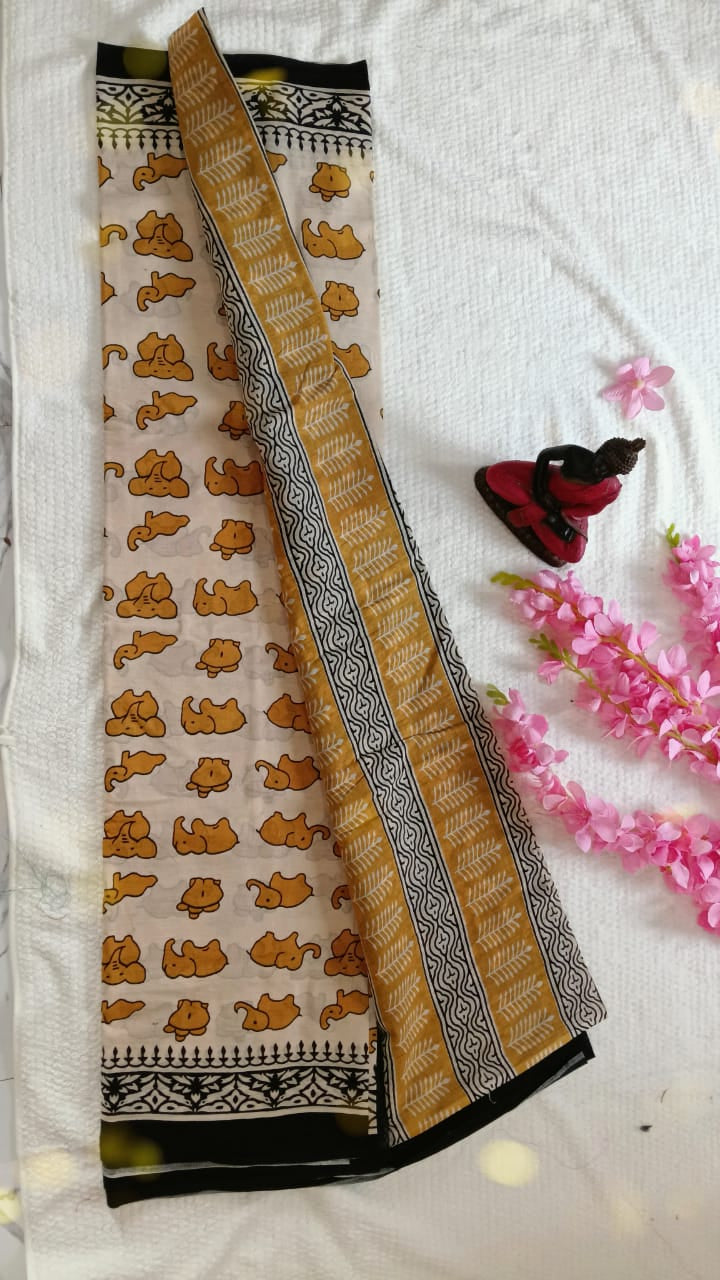 elephant hand block print mul cotton sari