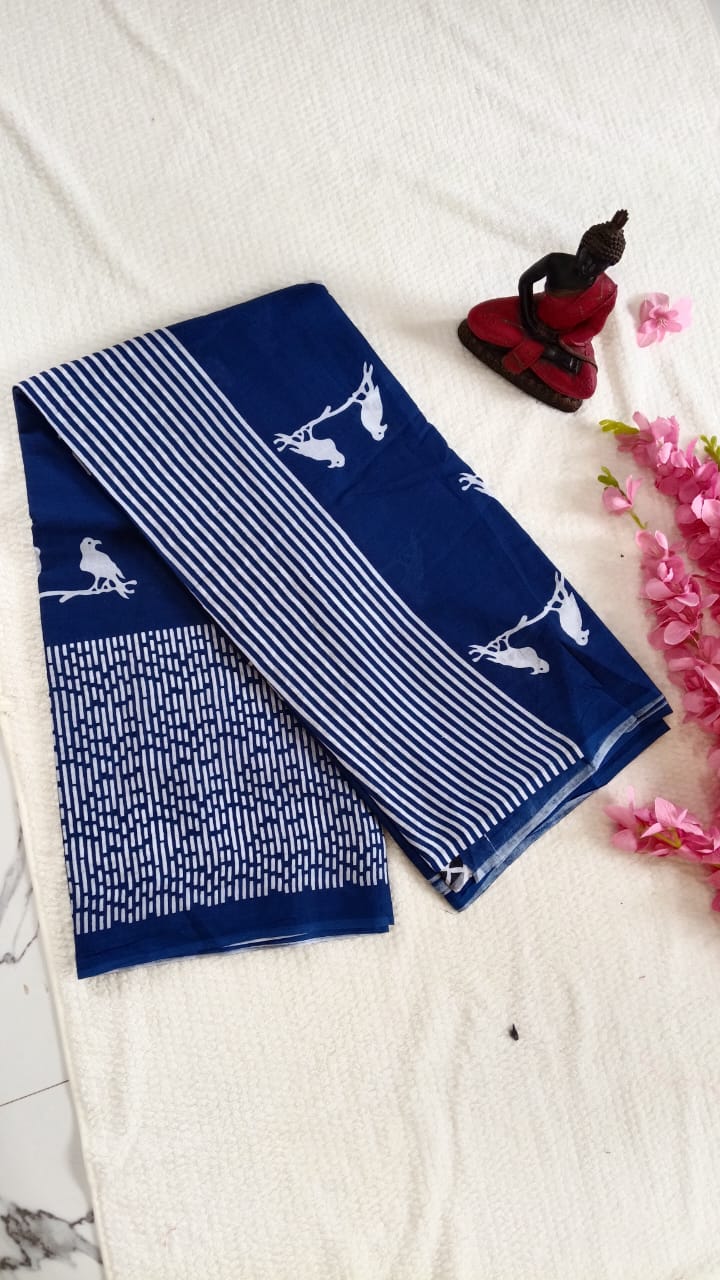 Blue pigeon hand block print mul cotton saree