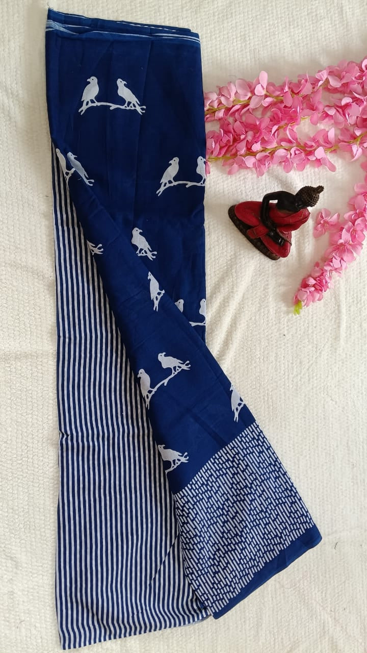 Blue pigeon hand block print mul cotton saree