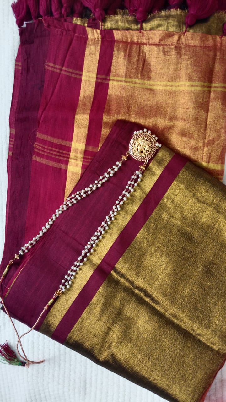 Gold maroon mul tissue sari