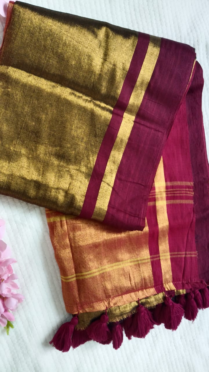 Gold maroon mul tissue sari