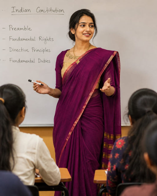Purple bordered mul cotton saree