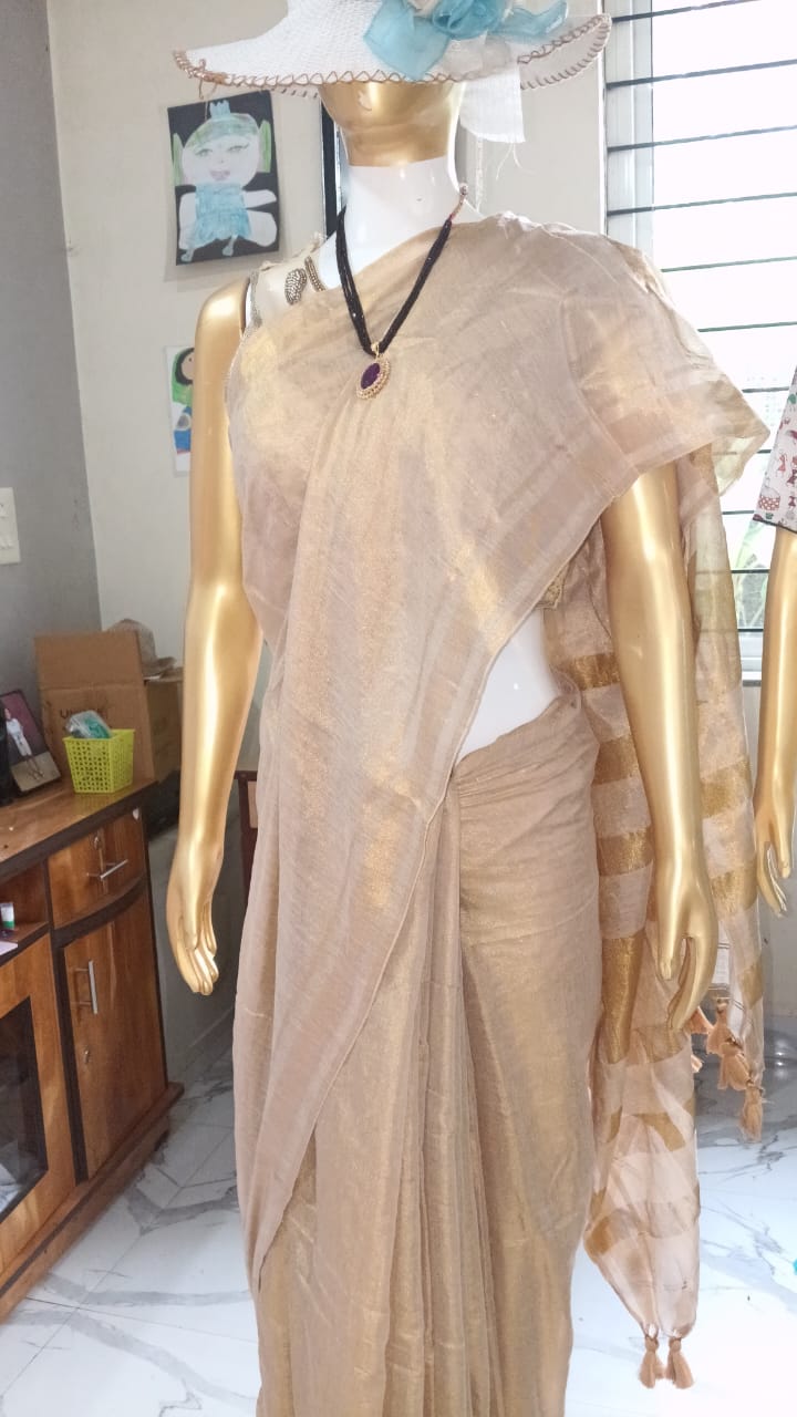 Gold tissue mul cotton sari