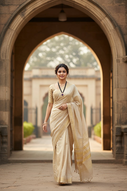 Gold tissue mul cotton sari