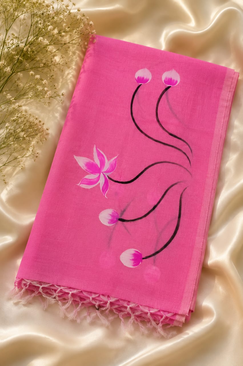 Pink Hand painted khadi cotton sari