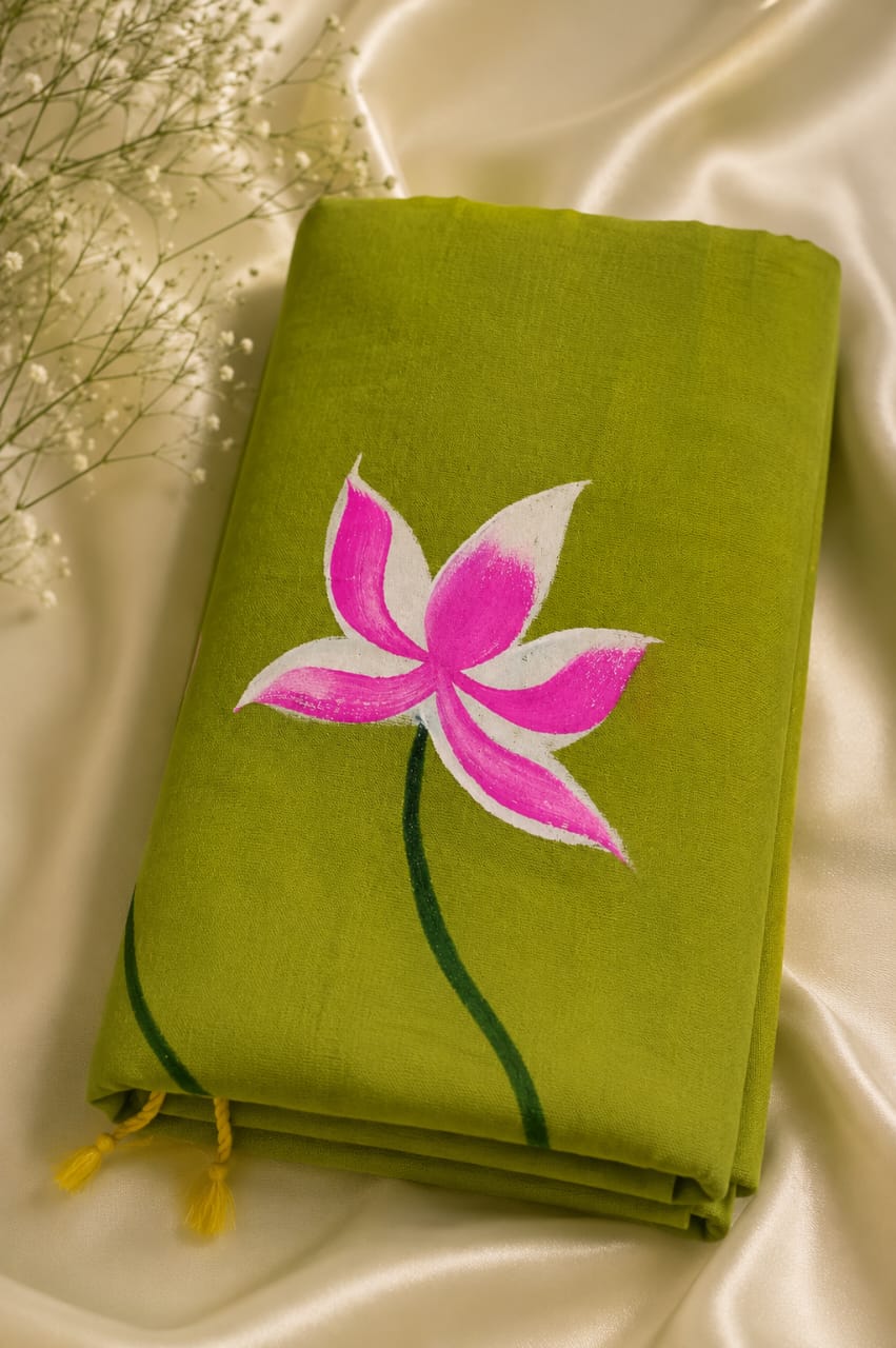 Parrot green hand painted khadi sari