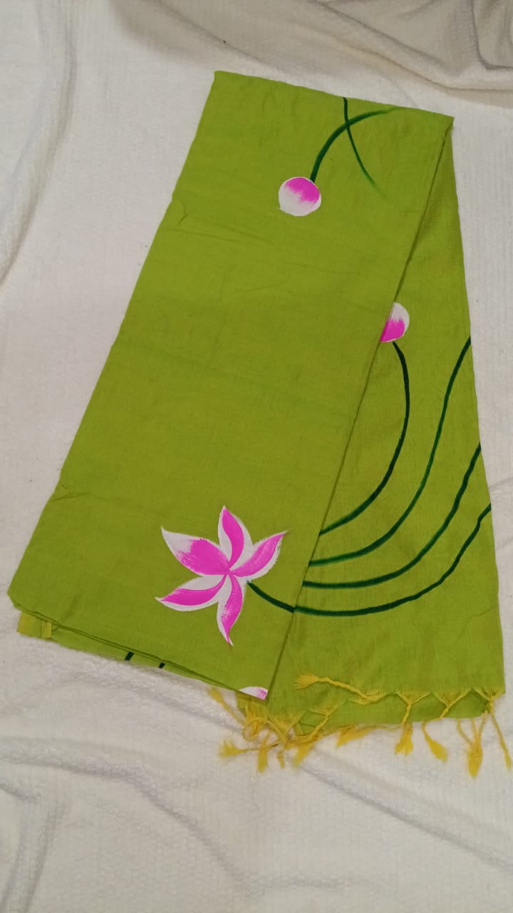 Parrot green hand painted khadi sari
