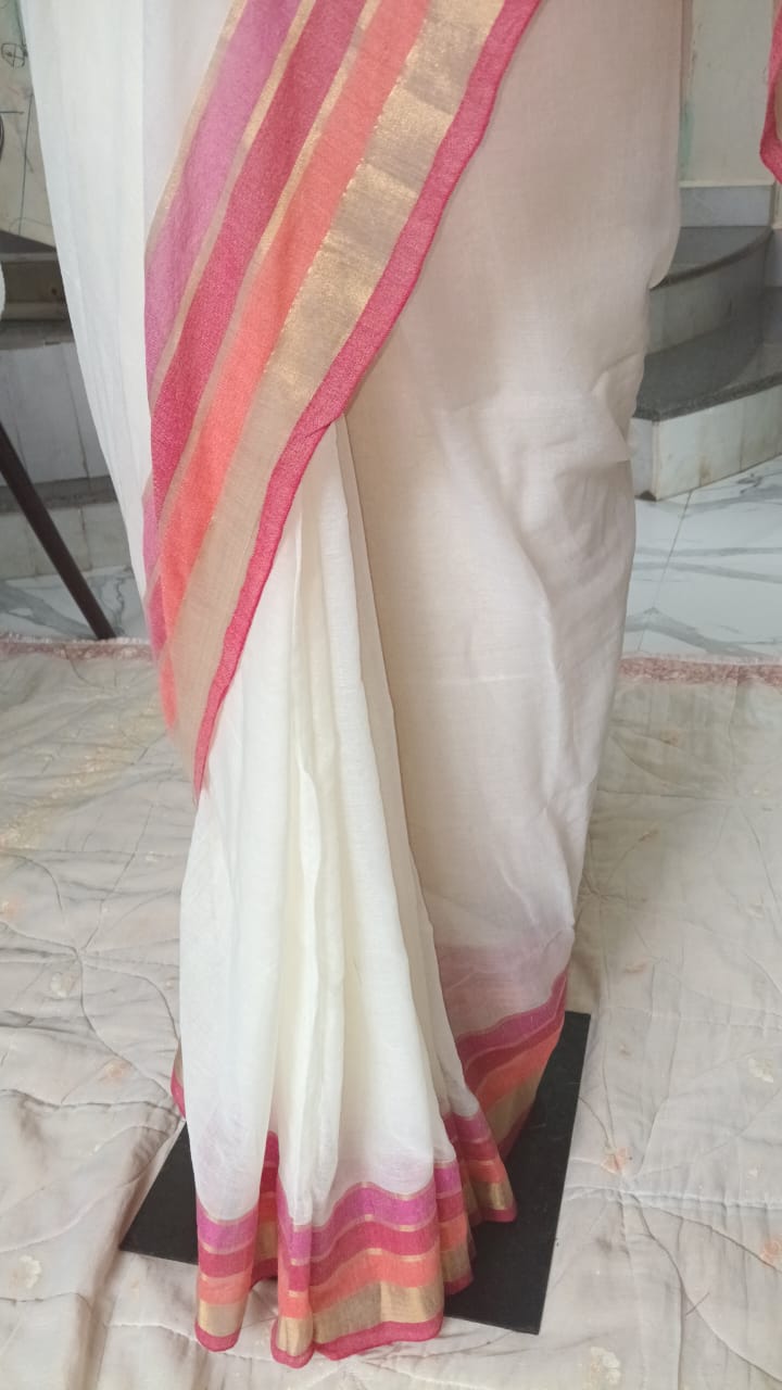 stripped bordered mul cotton saree