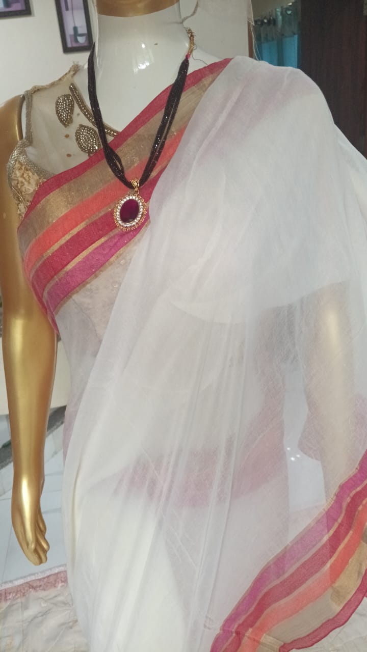 stripped bordered mul cotton saree