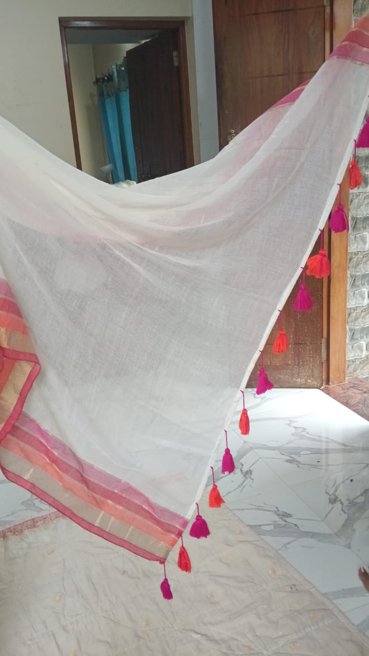 stripped bordered mul cotton saree