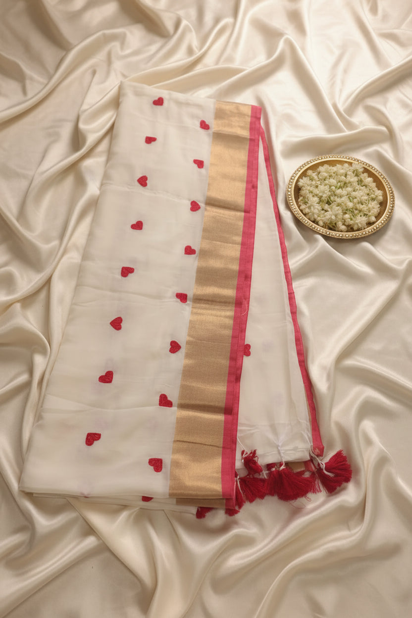 Red heart Embroidered mul cotton saree